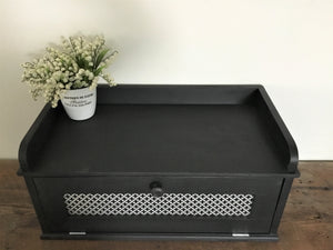 Farmhouse Style Wood Bread Box with Top Tray and Aluminum Panel Door