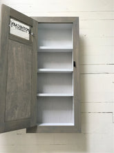 Load image into Gallery viewer, Farmhouse Style Recessed Medicine Cabinet ,  Built In  Washroom Cabinet, Barn Wood Gray Stain , Custom Made and Sizing