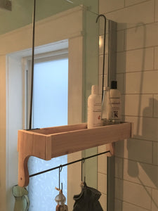 Red Cedar Shower Caddy Single Shelf with Steel Bar and Hooks and Optional Soap Holder