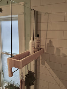 Red Cedar Shower Caddy Single Shelf with Steel Bar and Hooks and Optional Soap Holder