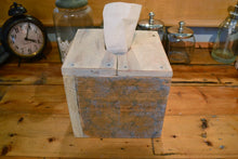 Load image into Gallery viewer, Square Natural Wood Tissue Box Cover , Reclaimed Wood , White and Blue