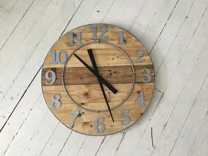 Horloge murale en bois, ronde de 24 pouces, bois recyclé, style industriel