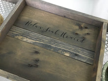 Load image into Gallery viewer, Barn Wood Gray Bath Tray 3 Compartments Recycled Wood 12&quot; Wide