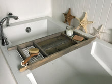 Load image into Gallery viewer, Barn Wood Gray Bath Tray 3 Compartments Recycled Wood 12&quot; Wide