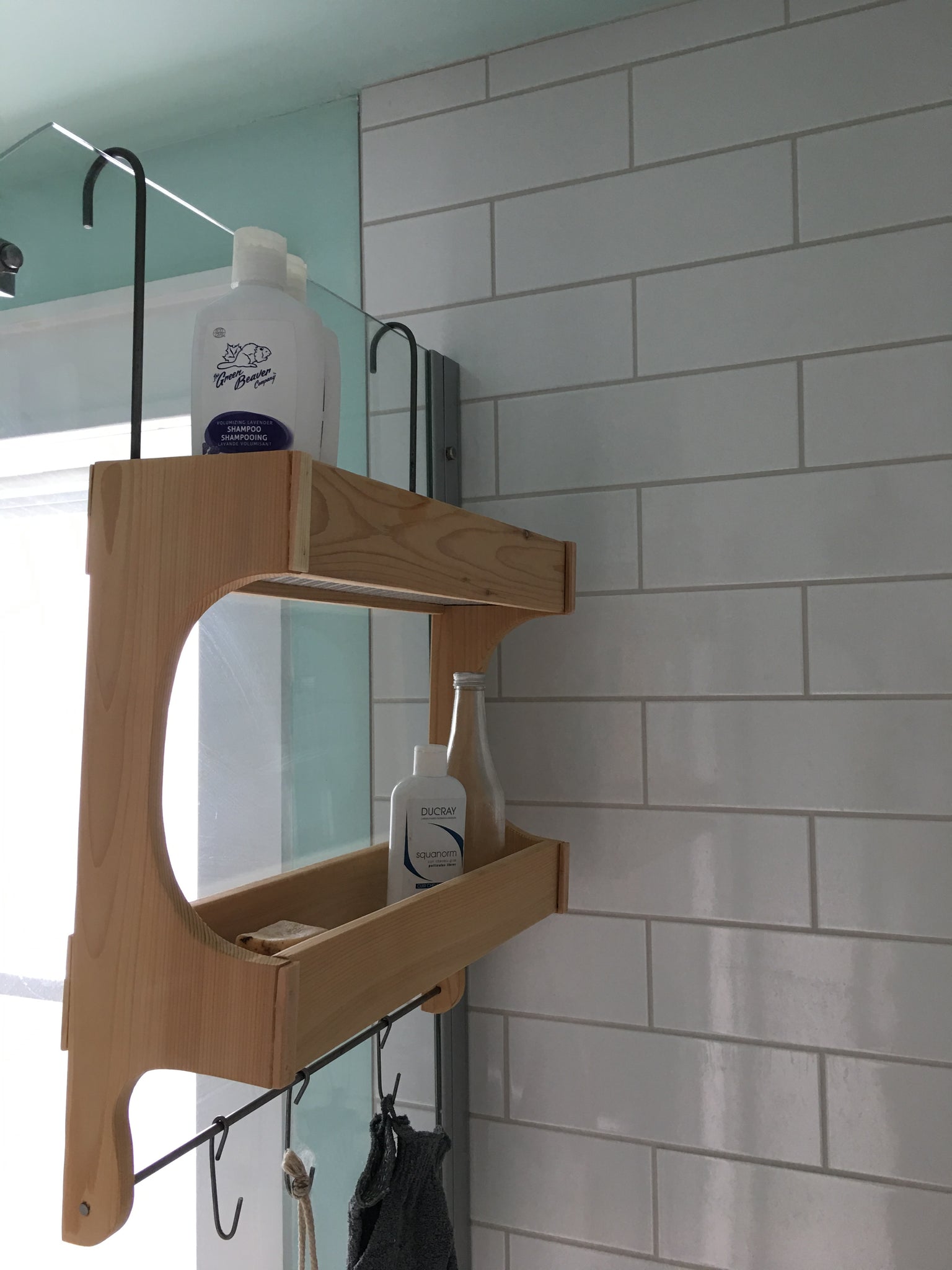 Red Cedar Shower Caddy Double Shelf with Steel Bar and Hooks – Sharon M for  the Home
