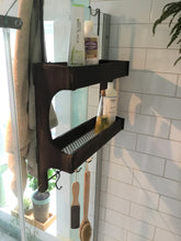 Load image into Gallery viewer, Stained  Cedar Wood Shower Caddy Double Shelf with Steel Bar and Hooks