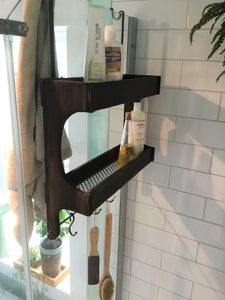 Stained  Cedar Wood Shower Caddy Double Shelf with Steel Bar and Hooks