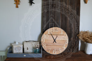 Horloge murale en bois, ronde de 18 pouces, style ferme, bois recyclé, style industriel