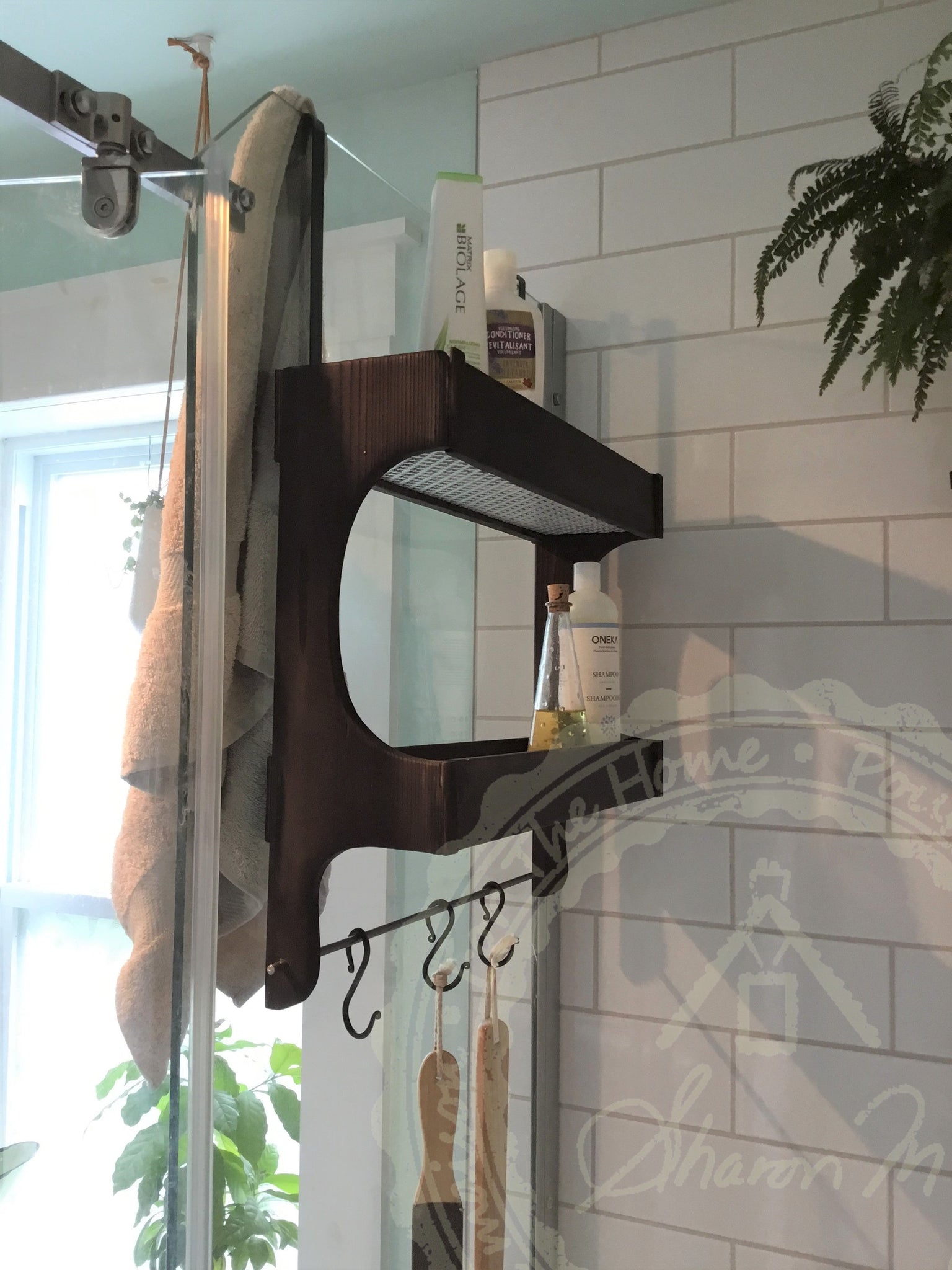 Stained Cedar Wood Shower Caddy Double Shelf with Steel Bar and Hooks –  Sharon M for the Home