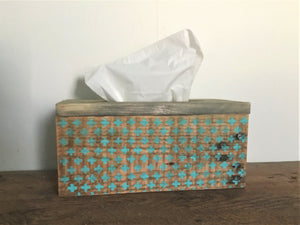Wood Tissue Box Cover , Recycled Wood , Vintage Stencil