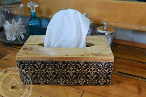Wood Tissue Box Cover , Recycled Wood , Black Vintage Pattern