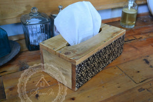 Couverture de boîte à mouchoirs en bois, bois recyclé, motif vintage noir