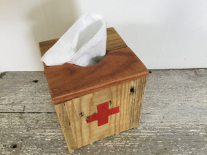 Square Natural Wood Tissue Box Cover , Reclaimed Wood , Vintage Red Cross