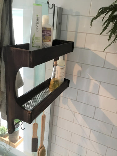 Stained  Cedar Wood Shower Caddy Double Shelf with Steel Bar and Hooks