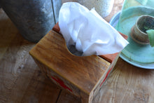 Load image into Gallery viewer, Square Natural Wood Tissue Box Cover , Reclaimed Wood , Vintage Red Cross