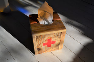 Square Natural Wood Tissue Box Cover , Reclaimed Wood , Vintage Red Cross