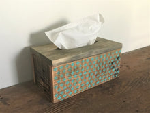Load image into Gallery viewer, Wood Tissue Box Cover , Recycled Wood , Vintage Stencil