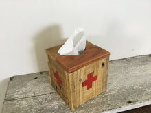 Load image into Gallery viewer, Square Natural Wood Tissue Box Cover , Reclaimed Wood , Vintage Red Cross